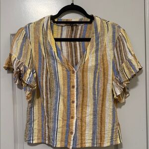 Drew Women's Linen Striped Button-Front Ruffle Sleeve Top - Yellow/Blue/Tan
